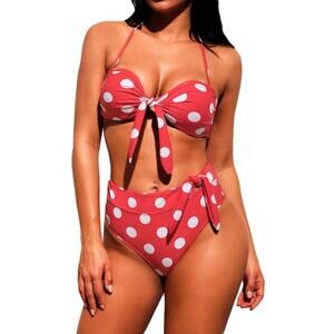 New Women's Red & White Polka Dot 2 Piece Bikini Waist Sash large Pin Up Vintage